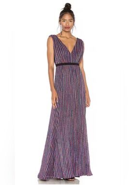 BCBGMaxAzria V-Neck Sleeveless Maxi Dress in Multicolor Stripe with Black Waist